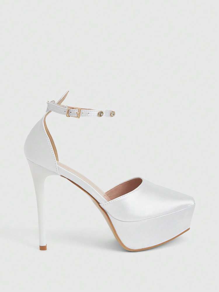 CUCCOO LuxiPop Spring/Summer New Fashion Crystal Embellished Ankle Strap Pointed Toe High Heel Platform Pumps, Satin Material, Elegant Sexy Stilettos For Formal Occasions, Date, Afternoon Tea, Party, Valentine's Day, Vacation, Travel, 2000s Style