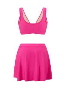 Swim Mod Conjunto de tankini de traje de baño de talla grande para mujer, diseño floral hueco, unicolor fucsia, escote en V profundo, para playa, verano 2026 - Rosa Fucsia - Ver 2