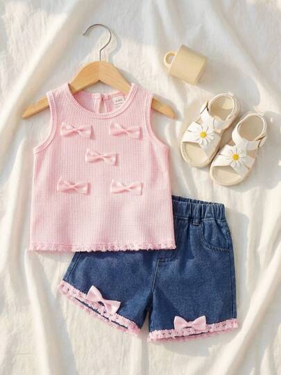 SHEIN Playful Pals 2pcs Girls' Outfit Set, Sleeveless Round Neck Top + Denim Shorts, Made Of Pink Knit Fabric, Decorated With Pink Bow On Chest And Pink Lace Trim On Hem, Waist With Elastic Design, Lace And Bow Trim On Shorts Hem, Sweet And Playful Style, Suitable For Daily Outings, Entertainment And Play
