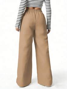 SHEIN Quần dài xếp ly cạp cao dáng rộng màu đen dành cho nữ và thiếu nữ, thích hợp cho mùa xuân, hè, thu và đông. - Màu Khaki - Xem 2