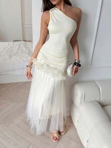 Elenzga 女士奶油黄色新款法式时尚优雅连衣裙，斜肩收腰褶皱喇叭裙摆网纱花卉装饰，修身剪裁，春夏新娘象牙色礼服鸡尾酒会婚纱奶油色连衣裙女士优雅白色连衣裙正式派对美丽连衣裙女士连衣裙正式服装惊艳连衣裙女士生日礼服 - 杏色 - 查看 3