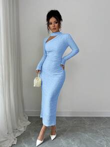 Elenzga Đầm dài dệt kim jacquard màu kem vàng phối cổ cho nữ, thích hợp dự tiệc hoặc các dịp trang trọng, mùa thu. - Màu xanh nhạt - Xem 7