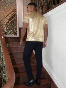 AKNOTIC Men's Fashionable Metallic Short Sleeve T-Shirt, Summer - Gold - View 5