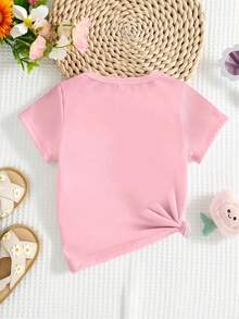 SHEIN Tee-shirt court décontracté pour jeunes filles, style printemps et été, créatif et personnalisé, frais et mignon, avec motifs kawaii comme oreilles de lapin, pois, nœud, abeille, étoile, fleur, cœur, dégradé, carreaux, floral, œuf. Tenue confortable, convient pour l'ambiance des vacances de Pâques pour les filles. - Rose bonbon - Voir 3