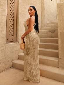 Sirith 女士新款夏季黄色性感深V领长款包包黄色流苏面料连衣裙，琥珀色串珠装饰设计，适合海滩度假 - 卡其色 - 查看 2