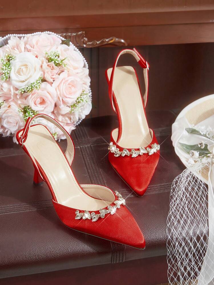CUCCOO HITCHD Women's Pointed Toe High Heel Rhinestone Red Satin Comfortable Elegant Charming Lady High Heel Sandals, Suitable For Bride, Wedding, Party, Formal Occasions