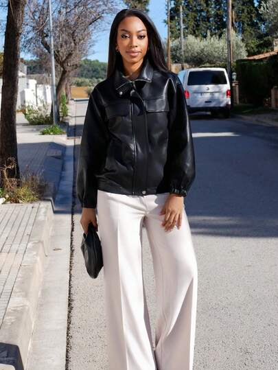 Yess Loren Women's Solid Color Drop Shoulder Long Sleeve PU Leather Loose Casual Regular Jacket, Autumn