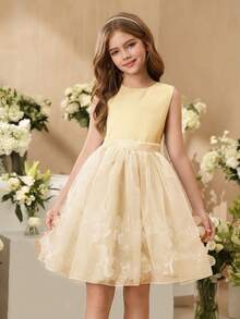 SHEIN Đầm dự tiệc mới cho bé gái, đầm công chúa ngắn xòe bằng vải voan, đầm vest dự biểu diễn piano. - Rượu sâm banh - Xem 1
