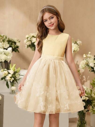 SHEIN New Flower Girl Dress, Girls' Princess Short Tulle Puffy Dress, Vest Piano Recital Costume Dress