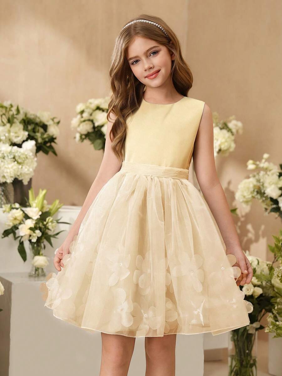 SHEIN Đầm dự tiệc mới cho bé gái, đầm công chúa ngắn xòe bằng vải voan, đầm vest dự biểu diễn piano. - Rượu sâm banh - Xem 1