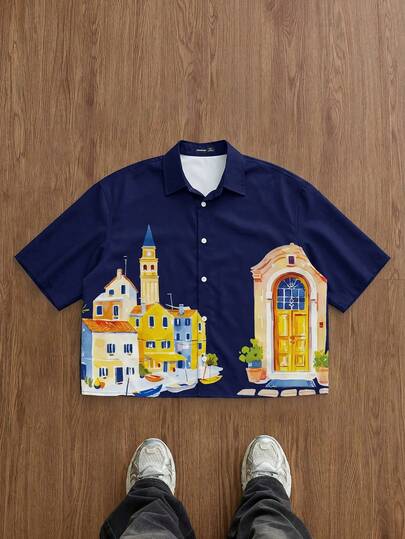 Manfinity Joysei Men's Casual House Print Short Sleeve Shirt, Summer