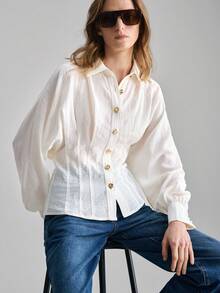 Ontre 2026SS New Women's Shirt, Fitted Silhouette, Embroidered Fabric, Dropped Shoulder, Long Sleeve, Small V-Neck, Modern Elegant Wedding Guest Outfit, Minimalist Romantic French Luxury Feel, Urban Chic Business Casual Office Wear, Low-Key Old Money Vibe, High-End Airport, Cruise Ship, Middle East Essential, High-Quality 4-Season Versatile Wedding Series Dress Puff Sleeve Blouse Sheer Blouse - White - View 6