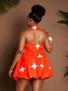 Maweii Women's Plus Size Orange Holiday Summer Glam 2 Pieces Set,Sleeveless V-Neck Backless Cardigan Digital Print Top&Elastic Waist Loose Shorts,Fashionable - Orange - View 2