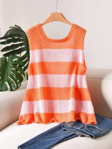 CosyJoli 大码优雅法式休闲撞色镂空系带针织轻薄短袖上衣，女士，春夏款 - 粉色 - 查看 2