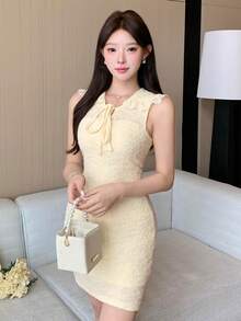 DAZY Frühlings- und Sommer-Bodycon-Kleid im Stil einer gelben Weste, elegant für Valentinstag, Hochzeit, Party, formelle Anlässe, Modeveranstaltungen, Büroalltag - Beige - Übersicht 4