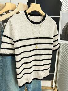 SHEIN Franclia 新款春夏韩版休闲宽松个性条纹撞色针织女式上衣 - 米色 - 查看 4