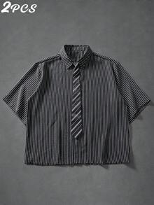 Manfinity Hypemode Men's Striped Short Sleeve Single-Breasted Casual Commuter Shirt - Black - View 1