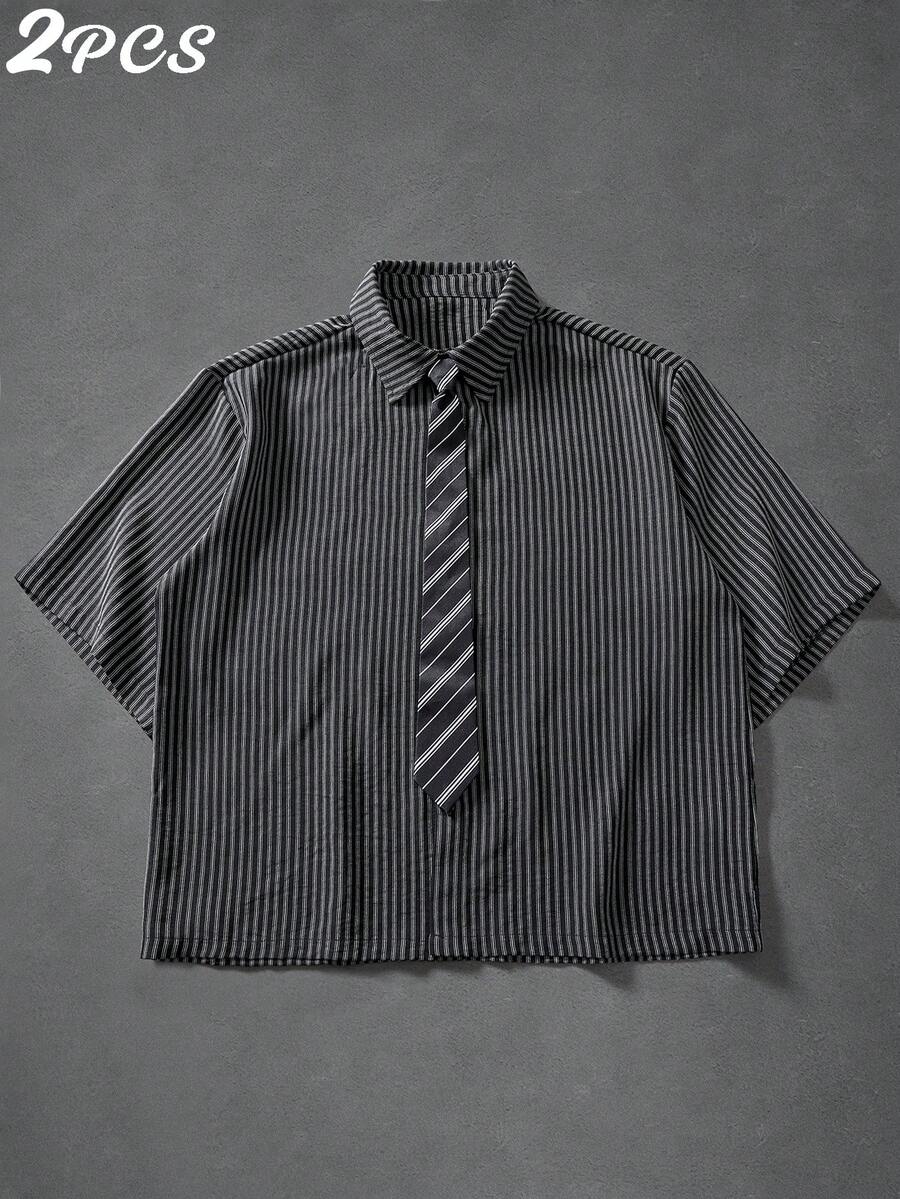 Manfinity Hypemode Men's Striped Short Sleeve Single-Breasted Casual Commuter Shirt - Black - View 1