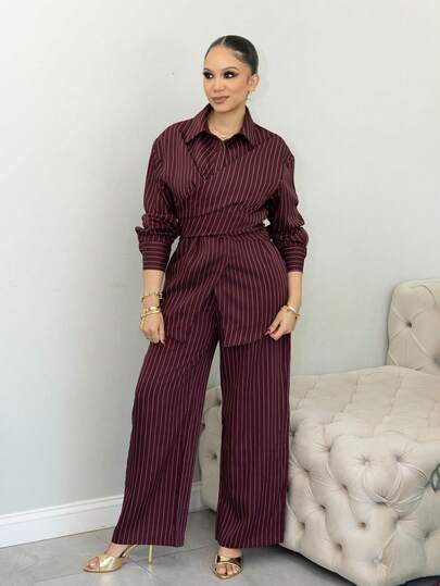 Melissa Matos 2 件套女士收腰韩版复古风格衬衫和裤子，适合通勤和日常穿着