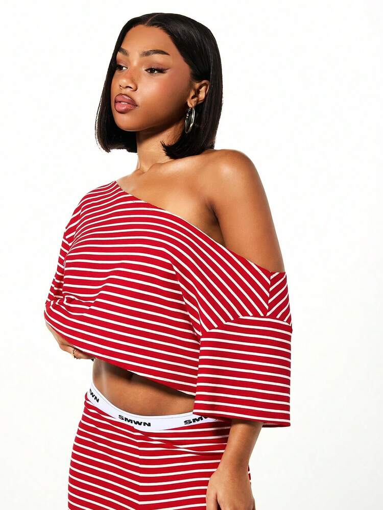 SUMWON WOMEN Women Off Shoulder Striped Lounge Top Red White Horizontal Stripes Casual Comfort Ribbed Knit Cropped Style Relaxed Fit Loungewear