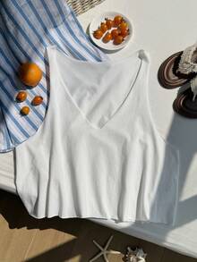SHEIN EZwear 大码女式休闲纯色深V领宽松背心 - 白色 - 查看 5