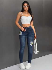 SHEIN PETITE Women's Sunflower Pattern Pocket Skinny Casual Jeans - Dark Wash - View 5