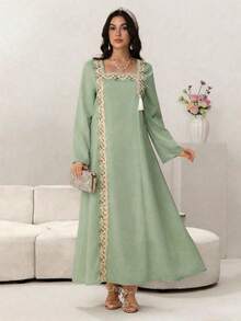 Yasmyna Đầm dài tay rộng rãi màu vàng kiểu Ả Rập thêu họa tiết bất đối xứng dành cho nữ - màu xanh lá - Xem 6