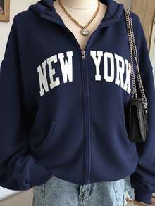 Lalippa Women's Letter Print Drop Shoulder Long Sleeve Zip Front Casual Sweatshirt, Autumn/Winter - Navy Blue - View 5