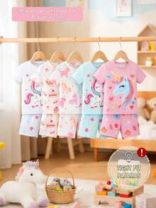 SHEIN 【2件套】女童独角兽卡通印花短袖短裤针织贴身睡衣家居服套装 - 彩色 - 查看 8