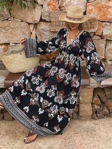 DAZY Floral Print Loose V-Neck Dress, Elegant Vacation Summer Long Dress For Women Sundress Boho - Black - View 3
