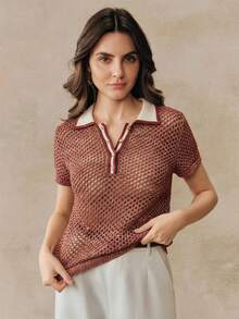 Anewsta Colorblock Linen Hollow Out Knit Polo Shirt For Women, Retro Collar Short Sleeve Top, Spring/Summer - Burgundy - View 7