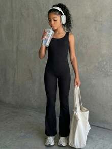 SHEIN Tween Girls' Summer Casual Solid Color Backless Sleeveless Jumpsuit Girl Gym Clothes Teen Girl Clothes Y2k Mother Daughter Matching Jumpsuit Jumpsuit Girls - Black - View 2