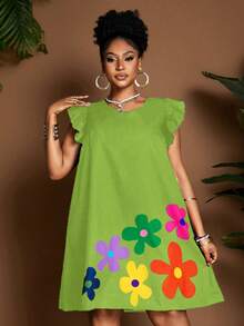 Maweii 女士黑色卡通印花A字圆领喇叭袖休闲度假连衣裙，简约日常穿搭，新品上市，时尚小众设计，大码及膝款 - 綠色 - 查看 1