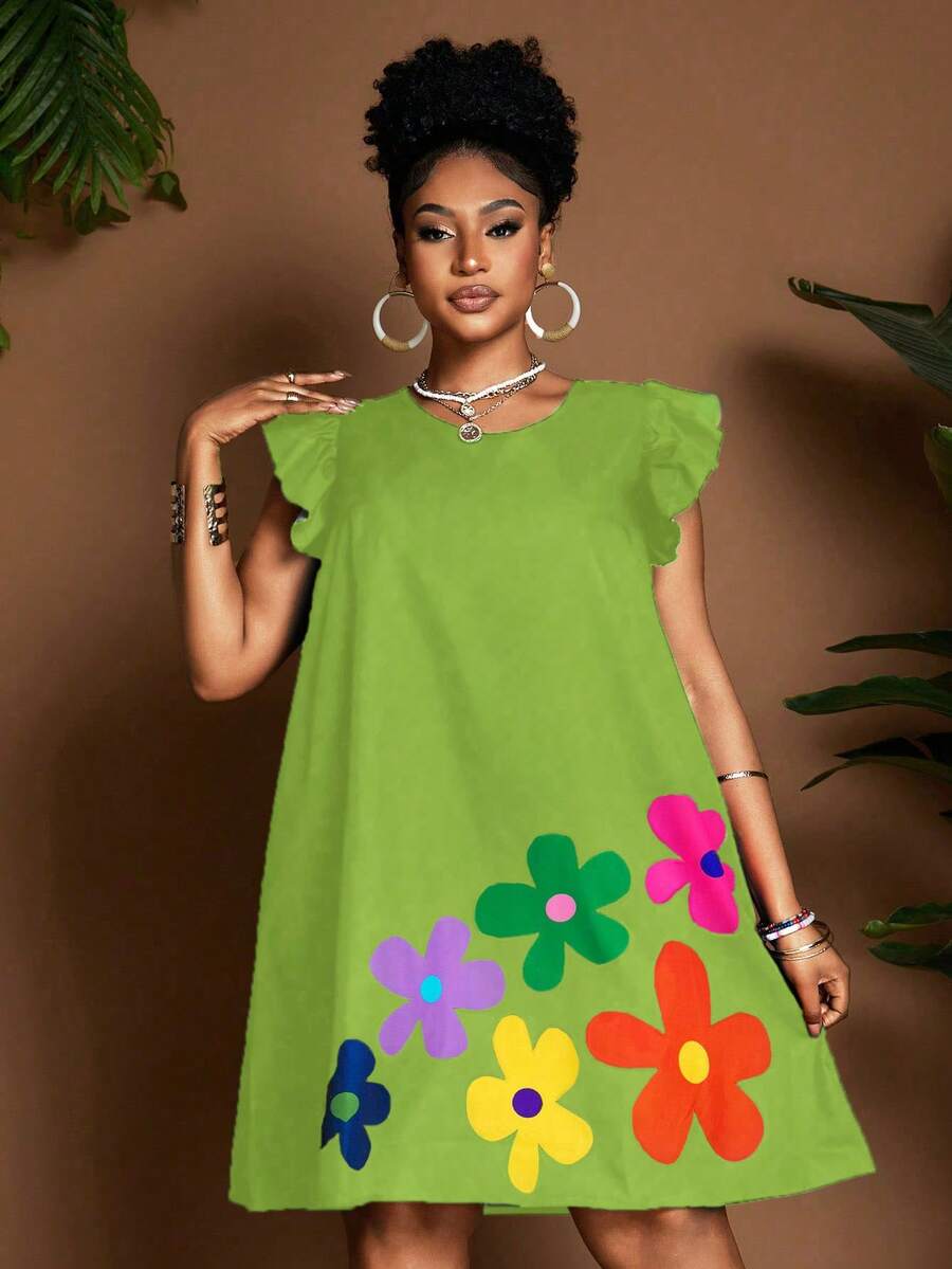 Maweii 女士黑色卡通印花A字圆领喇叭袖休闲度假连衣裙，简约日常穿搭，新品上市，时尚小众设计，大码及膝款 - 綠色 - 查看 1