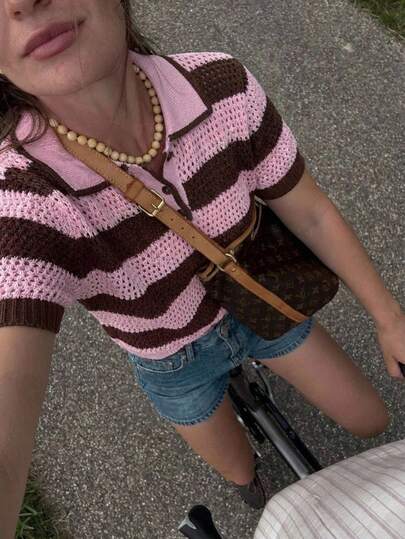 SHEIN EZwear New Summer Vacation Holiday Striped Print Button Hollow Casual Short Sleeve Women Sweater