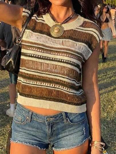 SHEIN EZwear New Summer Music Festival Yellow Fashionable Western Style Women's Crew Neck Sweater, Multi-Color, Autumn/Spring