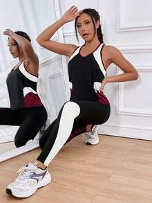 Easithlete Bộ đồ thể thao gồm áo tank top cổ tròn hở lưng phối màu tương phản và quần legging bó sát. - Màu Đỏ Sâu - Xem 4