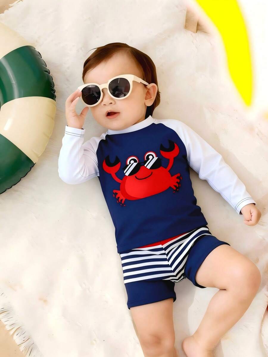SHEIN 2pcs Baby Boy Swimwear Set,Cute Cartoon Crab Print Navy Blue Raglan Long Sleeve Rashguard And Striped Swim Trunks,Toddler Summer Holiday Pool Party - Multicolor - View 1