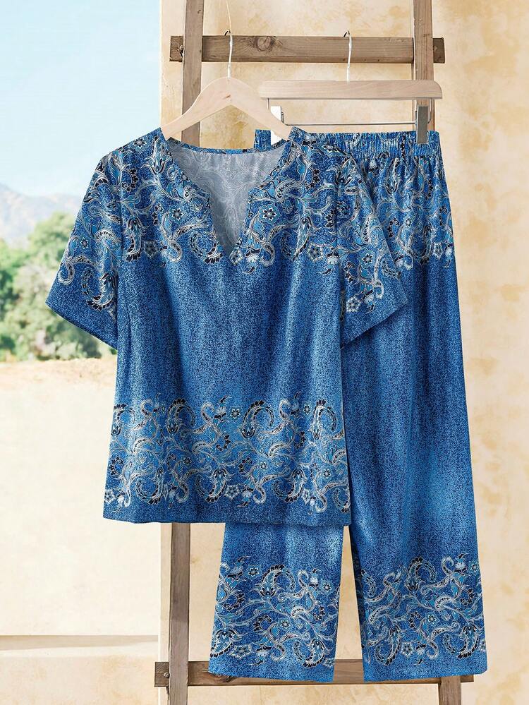 Plus Size Women Casual Printed Top & Pants 2 Pieces Set
