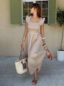 Serisse Women's Holiday Shirred Design Cap Sleeve Ruffle Hem Fashionable Dress - Multicolor - View 7