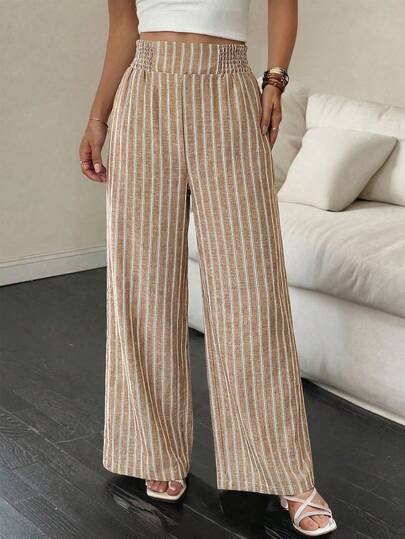 Siren Gaze Women's Elastic Waist Striped Wide Leg Loose Casual Pants Spring Summer Fall Cloth For Women Women's Summer Basic Striped Wide Leg Striped Casual Pants For Women, New Wide Leg Loose Straight Trousers With Draping Effect, Tall Look, Spring Autumn Boho Flowy Pants Women's Striped Fitted Waist Wide Leg Loose Casual Pants, For Daily Wear, Suitable For Spring, Summer And Autumn, French Holiday Women's High-Waist Striped Wide Leg Pants, Beach Vacation Casual Countryside Style, Elegant And Natural, Random Floral Pattern, Summer Fall Women Clothes Back To School Women's Solid Color Loose Wide Leg Pants Fall Cloth For Women