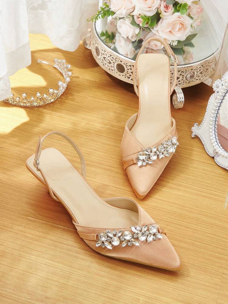 CUCCOO HITCHD Women's Shoes Spring And Summer New Pointed Kitten Heel Short Heel Rhinestone Chain V-Shaped Shoe Mouth Orange Pink Satin Women's High Heel Shoes Slingbacks Bridal Shoes Wedding Dinner Party