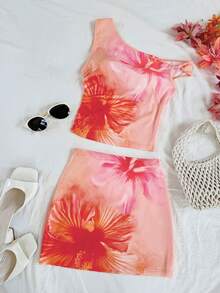 Franclia 女士新款橙色印花两件套，不对称上衣搭配迷你裙，大朵花卉图案，甜美性感，海滩度假风 - 彩色 - 查看 3