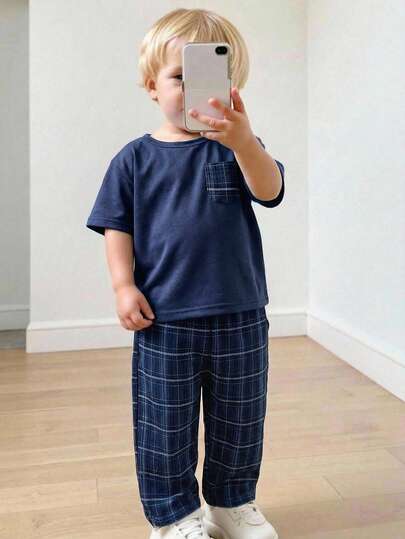 SHEIN Dozemod Kids Baby Boy Plaid Pocket Tee & Plaid Shorts 2pcs Set, Casual & Comfortable