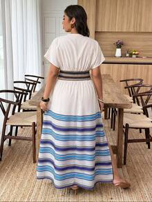 Weeklong Plus Size Women V-Neck Geometric Print Ruched Waist Slit Elegant Party Dress - Multicolor - View 2