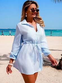 Swim Vcay Women's Spring/Summer Striped Long Sleeve Collared Waist Cinched Vacation Dress, Cover-Up - Blue - View 4