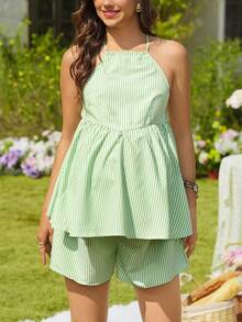 SHEIN 极简风无袖上衣和短裤两件套，孕妇适用 - 綠色 - 查看 3