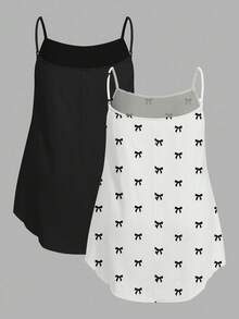 SHEIN EZwear Bộ 2 áo hai dây mùa hè tối giản, cơ bản: áo đen trơn và áo trắng có họa tiết nơ, cỡ lớn. - Nhiều màu - Xem 2