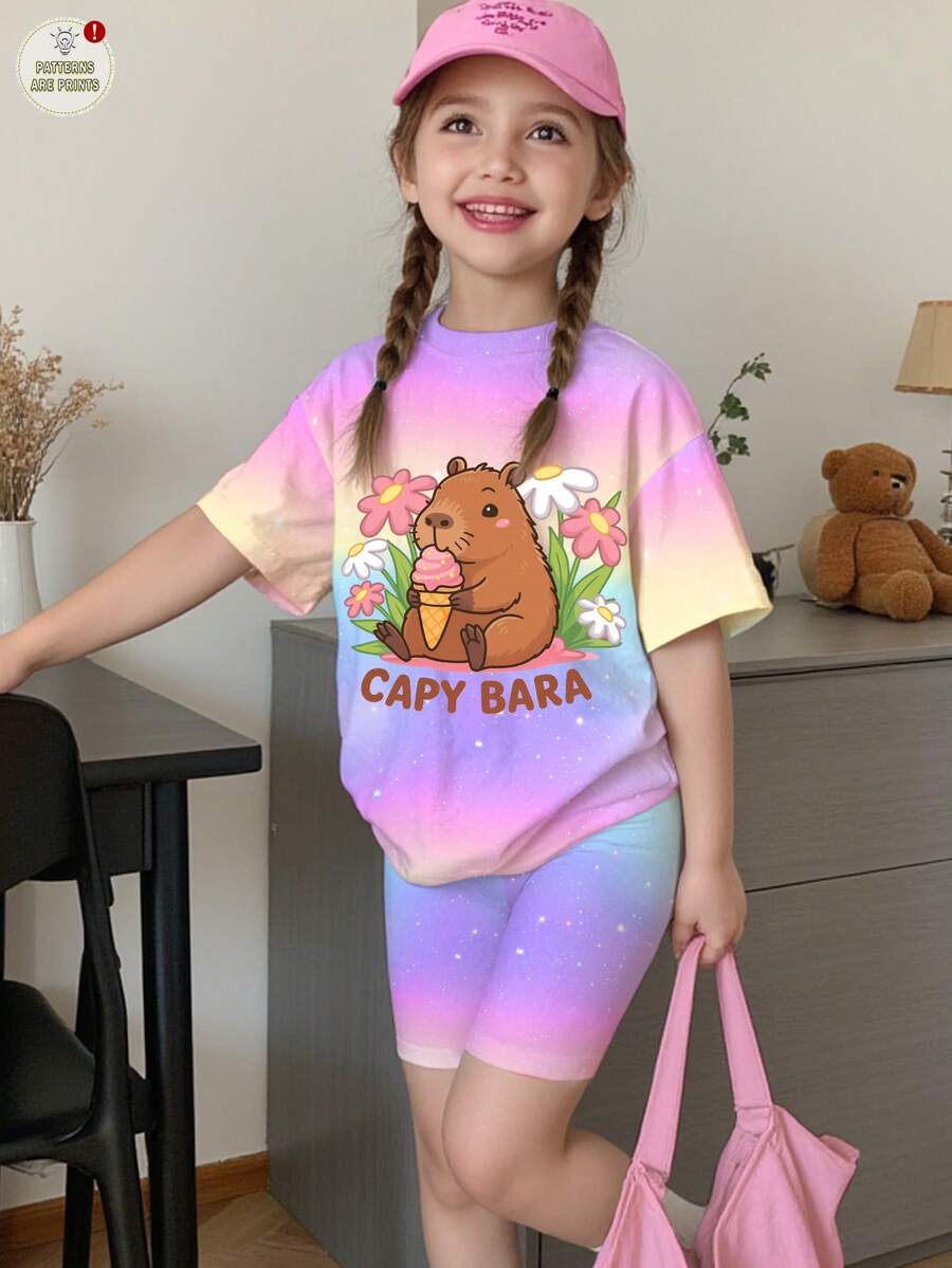SHEIN 两件套女童休闲可爱水豚印花彩色扎染渐变T恤和紧身打底裤套装,适合春夏日常穿着、度假,Y2K风格 - 彩色 - 查看 1