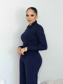 Melissa Matos 2pcs/Set Women Casual Long Sleeve Top And Flared Pants Suit, Navy Blue,Fall - Navy Blue - View 4